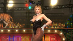 Rule 34 | 1girl, 3d, animal ears, blonde hair, blue eyes, breasts, dead or alive, dead or alive 5, earrings, female focus, fishnet pantyhose, fishnets, gloves, jewelry, large breasts, leotard, official art, pantyhose, rabbit ears, solo, tecmo, tina armstrong