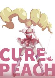 Rule 34 | 1girl, a creaty t, absurdres, artist name, blonde hair, boots, character name, choker, commentary request, cure peach, dress, earrings, eyelashes, fresh precure!, frilled dress, frills, gradient background, hair ornament, happy, high heel boots, high heels, highres, jewelry, long hair, looking at viewer, magical girl, momozono love, pink choker, pink dress, pink eyes, precure, puffy short sleeves, puffy sleeves, short sleeves, signature, smile, solo, standing, twintails, wand, white background, wrist cuffs
