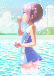 Rule 34 | 1girl, akahige, ass, bubble, blowing bubbles, casual one-piece swimsuit, flat chest, from behind, hair bobbles, hair ornament, highres, nagato yuki, one-piece swimsuit, profile, purple eyes, purple hair, short hair, solo, sparkle, suzumiya haruhi no yuuutsu, swimsuit, wading, water, aged down