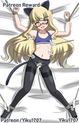 Rule 34 | 1girl, black pantyhose, blonde hair, blue bra, blush, bra, breasts, glasses, highres, long hair, open mouth, panties, panties under pantyhose, pantyhose, perrine h. clostermann, small breasts, smile, solo, strike witches, tickling, underwear, white panties, world witches series, yellow eyes, yiku1707