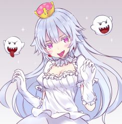 Rule 34 | 1girl, 2others, blush, boo (mario), breasts, choker, cleavage, collar, colored tongue, commentary request, crown, dress, frilled choker, frilled collar, frilled dress, frilled gloves, frills, ghost, ghost pose, gloves, grey background, light blush, long hair, looking at viewer, luigi&#039;s mansion, mario (series), medium breasts, mini crown, multiple others, nintendo, open mouth, pale skin, princess king boo, purple eyes, purple tongue, sharp teeth, shuuichi (gothics), simple background, smile, solo, sparkle, standing, super crown, teeth, tilted headwear, tongue, tongue out, w arms, white choker, white dress, white gloves, white hair