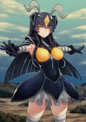 Rule 34 | 1girl, absurdres, armpits, astrolotus, bad id, bad pixiv id, black dress, black gloves, black hair, breasts, commentary, dress, elbow gloves, frilled dress, frills, gloves, highres, horns, large breasts, looking at viewer, outstretched arms, personification, sidelocks, solo, striped clothes, striped gloves, thighhighs, ultra kaijuu gijinka keikaku, ultra series, yellow eyes, zetton