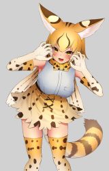 Rule 34 | 1girl, :d, absurdres, animal ear fluff, animal ears, bare shoulders, blonde hair, bow, bowtie, breasts, claw pose, deku suke, elbow gloves, extra serval (kemono friends), gloves, grey background, highres, kemono friends, leaning forward, looking at viewer, medium breasts, open mouth, print bow, print bowtie, print gloves, print neckwear, print skirt, print thighhighs, serval print, serval tail, shirt, short hair, simple background, skirt, sleeveless, sleeveless shirt, smile, solo, striped tail, tail, thighhighs, white shirt, yellow eyes, zettai ryouiki