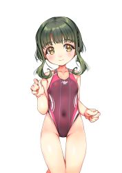 Rule 34 | 1girl, absurdres, bob cut, brown eyes, character name, collarbone, competition swimsuit, covered navel, cowboy shot, gluteal fold, green hair, highres, kantai collection, one-piece swimsuit, purple one-piece swimsuit, short hair with long locks, simple background, solo, swimsuit, takanami (kancolle), white background, yashin (yasinz)