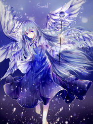 Rule 34 | 1girl, angel wings, barefoot, blouse, blue eyes, blue hair, character name, dress, highres, long hair, multiple wings, pinafore dress, pointy ears, sariel (touhou), seraph, shirt, sleeveless dress, staff, tanzhujiuyue, touhou, touhou (pc-98), very long hair, white shirt, wide sleeves, wings
