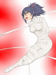 Rule 34 | 00s, 1girl, bandages, bdsm, blush, bondage, bound, breasts, brown eyes, fujibayashi sheena, hydrangia, mummification, open mouth, ponytail, purple hair, simple background, solo, tales of (series), tales of symphonia