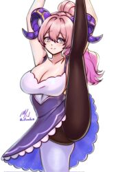 1girl alternate_costume athletic_leotard ballerina ballet ballet_dress breasts cleavage closed_mouth dancing fire_emblem fire_emblem_heroes goat_horns gradient_eyes highres horns large_breasts large_horns leotard long_hair multicolored_eyes nerthuz_(fire_emblem) nintendo pantyhose pink_hair purple_eyes purple_horns rotomdocs sideboob smile solo split standing standing_on_one_leg standing_split tutu