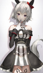 Rule 34 | 1girl, absurdres, animal ears, bare shoulders, black dress, bow, breasts, closed mouth, commentary request, cowboy shot, curren chan (umamusume), dress, ear ribbon, gloves, grey background, highres, horse ears, horse girl, horse tail, long sleeves, looking at viewer, medium breasts, off shoulder, purple eyes, red ribbon, ribbon, scottie (phantom2), shadow, short hair, simple background, smile, solo, standing, tail, thighs, umamusume, white gloves, white hair