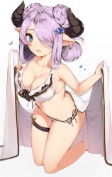 Rule 34 | 1girl, :d, bare arms, bare legs, bare shoulders, bikini, blue eyes, braid, breasts, cleavage, collarbone, commentary request, earrings, front-tie bikini top, front-tie top, gin00, granblue fantasy, hair over one eye, heart, horns, jewelry, kneeling, large breasts, leaning forward, light purple hair, long hair, looking at viewer, narmaya (granblue fantasy), narmaya (summer) (granblue fantasy), navel, open mouth, pointy ears, side-tie bikini bottom, sidelocks, simple background, smile, solo, star (symbol), star earrings, stomach, swept bangs, swimsuit, thigh strap, thighs, white background, white bikini