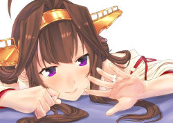 Rule 34 | 10s, 1girl, absurdres, baffu, brown hair, hairband, headgear, highres, japanese clothes, jewelry, kantai collection, kongou (kancolle), long hair, nontraditional miko, purple eyes, ring, simple background, smile, solo, wedding band