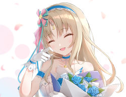 Rule 34 | 1girl, arm garter, blonde hair, blush, bouquet, civia, closed eyes, collarbone, crying, flower, gloves, hair ornament, headband, holding, holding bouquet, hololive, hololive china, horns, jewelry, kebin no shio amaou, long hair, necklace, parted bangs, single horn, sleeveless, smile, solo, tears, unicorn girl, virtual youtuber, white gloves
