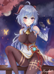 Rule 34 | 1girl, absurdres, ahoge, bare shoulders, bell, black gloves, black legwear, black leotard, blue hair, blush, bodystocking, bodysuit, breasts, bug, butterfly, chinese knot, detached sleeves, fence, flower knot, full moon, ganyu (genshin impact), genshin impact, gloves, gold trim, groin, hana yuukaa, highres, horns, insect, leg up, leotard, leotard under clothes, long hair, looking at viewer, medium breasts, moon, neck bell, night, open mouth, paid reward available, pelvic curtain, purple eyes, red rope, rope, sidelocks, signature, sitting, solo, tassel, thighlet, thighs, vision (genshin impact), white sleeves, wooden fence