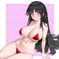 Rule 34 | 1girl, absurdres, arm support, bare arms, bare shoulders, bikini, black hair, blunt bangs, blush, breasts, cleavage, collarbone, commentary request, curvy, eyelashes, gluteal fold, highres, houraisan kaguya, large breasts, long eyelashes, long hair, looking at viewer, navel, pink background, pink eyes, red bikini, simple background, sitting, skindentation, smile, solo, star (symbol), sugar you, swimsuit, thigh gap, touhou, very long hair, wide hips, yokozuwari