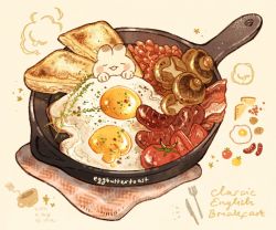Rule 34 | bacon, beans, bread, bread slice, cup, egg, egg (food), english text, food, food focus, fork, frying pan, garnish, highres, knife, meat, mushroom, nao (bestrollever), no humans, original, rabbit, realistic, sausage, simple background, still life, sunny side up egg, tomato, tomato slice, vegetable