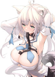 Rule 34 | 1girl, ahoge, alternate breast size, animal ear fluff, animal ears, armpits, arms behind head, black ribbon, black shorts, blue neckerchief, blush, braid, breasts, cleavage, commentary request, detached sleeves, fox ears, fox girl, fox tail, green eyes, highres, hololive, huge breasts, long hair, long sleeves, looking at viewer, low ponytail, mitsuru (pixiv 34028718), mouth hold, neckerchief, pentagram, ribbon, ribbon in mouth, shirakami fubuki, shirakami fubuki (1st costume), shorts, side braid, simple background, solo, strapless, tail, virtual youtuber, white background, white hair, white sleeves, wide sleeves