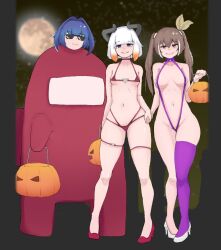 3girls alternate_costume alternate_hair_color alternate_hair_length alternate_hairstyle among_us arm_at_side arms_at_sides asymmetrical_legwear bikini blue_eyes blue_hair breasts brown_hair closed_mouth collarbone cosplay costume dot_nose empty_eyes eyebrows fake_horns female_focus full_body halloween hand_up heart_o-ring high_heels highres holding_hands hololive hololive_english horns legs_apart legs_together long_hair looking_at_viewer medium_breasts medium_hair micro_bikini moon multicolored_hair multiple_girls nanashi_mumei naughty_face navel night night_sky ninomae_ina&#039;nis o-ring o-ring_bikini one-piece_swimsuit orange_hair ouro_kronii pov pumpkin purple_one-piece_swimsuit purple_thighhighs qone red_bikini red_footwear short_hair single_thighhigh sky slingshot_swimsuit small_breasts smile standing sunglasses swimsuit tentacle_hair thigh_strap thighhighs twintails two-tone_hair virtual_youtuber white_footwear white_hair