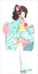 Rule 34 | 1girl, aqua footwear, black hair, blush, flats, frilled kimono, frills, full body, green eyes, hair ornament, hakusai (tiahszld), hands up, japanese clothes, kanzashi, kimono, kimono skirt, long hair, looking at viewer, open mouth, original, petticoat, shoes, side ponytail, sidelocks, simple background, smile, solo, standing, thighhighs, wavy hair, white background, white thighhighs, wide sleeves
