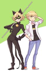 Rule 34 | 2boys, adrien agreste, animal ears, arm behind head, bad id, bad twitter id, bell, black bodysuit, blonde hair, bodysuit, boots, cat boy, cat ears, chat noir, colored sclera, domino mask, dual persona, flipped hair, full body, green eyes, green sclera, grin, hand in pocket, hand on own hip, jocheong, male focus, mask, miraculous ladybug, multiple boys, popped collar, shoes, smile, sneakers, staff, standing, two-tone background