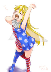 Rule 34 | 1girl, american flag dress, american flag legwear, arm up, armpits, blonde hair, closed eyes, clothes pull, clownpiece, fairy wings, highres, long hair, monrooru, no headwear, open mouth, pantyhose, pantyhose pull, solo, stretching, thighs, touhou, very long hair, wings, yawning