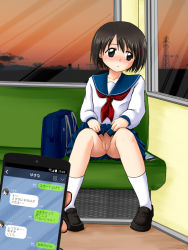 Rule 34 | 1girl, bag, black eyes, black hair, blue skirt, blush, cellphone, chair, cleft of venus, clothes lift, embarrassed, evening, exhibitionism, female focus, full body, hair ornament, hairclip, kneehighs, lifted by self, line (naver), loafers, looking to the side, mitan, neckerchief, no panties, original, phone, pleated skirt, public indecency, pussy, school bag, school uniform, serafuku, shirt, shoes, short hair, sitting, skirt, skirt lift, smartphone, socks, solo, text messaging, train, train interior, translated, uncensored, white socks, window