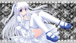Rule 34 | 1girl, black background, blue eyes, blue footwear, dress, frills, hand on own chest, highres, long hair, shimotsuki keisuke, shoes, thighhighs, twintails, white dress, white thighhighs