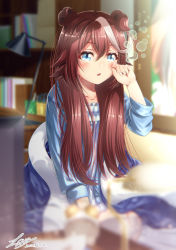 Rule 34 | 1girl, animal ears, aqua shirt, arm up, blue eyes, blurry, blurry background, blurry foreground, blush, book, brown hair, bubble, commentary request, dated, ears down, hair between eyes, highres, horse ears, horse girl, indoors, lamp, light brown hair, long hair, long sleeves, looking at viewer, loungewear, parted lips, shirt, signature, sleeve cuffs, solo, tokai teio (umamusume), umamusume, upper body, user ugkk4452, waking up