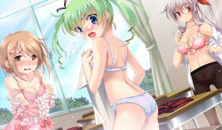Rule 34 | 3girls, ^^^, arms up, ass, back, blue eyes, blush, bra, breasts, brown eyes, brown hair, changing clothes, character request, classroom, cleavage, crossed arms, dandelion (company), day, desk, elric c clark, embarrassed, flat ass, frills, glasses, green hair, hair ornament, hairpin, indoors, iseno yajin, large breasts, lingerie, long hair, looking back, lying, matsuno kaneru, midriff, multiple girls, open mouth, orange eyes, panties, panties under pantyhose, pantyhose, red eyes, ribbon, school, school desk, see-through, sky, sorafune, strap slip, surprised, table, tears, topless, twintails, underwear, underwear only, undressing, walk-in, wavy mouth, white bra, white hair, white panties, window