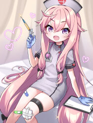 Rule 34 | 1girl, absurdres, azur lane, bandaid, bandaid on knee, bandaid on leg, black bow, blue gloves, bow, clipboard, commentary request, crossed bangs, dress, fang, feet out of frame, flat chest, gauze on knee, gauze on leg, gloves, hair between eyes, hair bow, hat, heart, highres, holding, holding syringe, long hair, looking at viewer, low-tied sidelocks, low twintails, marui kado, name tag, nurse, nurse cap, open mouth, pink hair, purple eyes, rubber gloves, short sleeves, sitting, solo, sparkle, stethoscope, syringe, thigh strap, twintails, very long hair, white dress, white hat, z26 (azur lane)