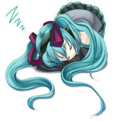 Rule 34 | 1girl, aqua hair, closed eyes, detached sleeves, eko, hatsune miku, headphones, long hair, lying, on stomach, simple background, skirt, sleeping, solo, twintails, vocaloid, white background, zzz