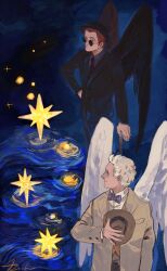 2boys absurdres angel angel_wings asolablue aziraphale_(good_omens) black_wings blue_eyes crowley_(good_omens) demon_boy demon_wings feathered_wings good_omens highres multiple_boys slit_pupils smile starry_night_(van_gogh) white_wings wings yellow_eyes