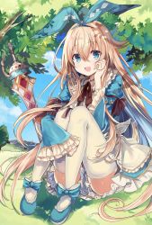 Rule 34 | 1girl, absurdres, alice (alice in wonderland), alice (grimms notes), alice in wonderland, blonde hair, bloomers, blue dress, blue eyes, blue footwear, day, dress, grimms notes, hand on own face, highres, knees to chest, long hair, mary janes, open mouth, outdoors, retsuto, ribbon, shoes, sitting, smile, solo, sword, thighhighs, tree, underwear, very long hair, weapon, white thighhighs