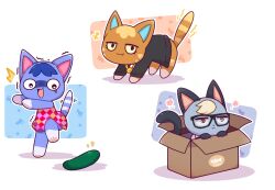 Rule 34 | +++, 1boy, 2girls, ^^^, all fours, animal, animal crossing, argyle, argyle clothes, argyle dress, black-framed eyewear, black gloves, black shirt, box, brown eyes, cardboard box, cat, closed mouth, clothed animal, commentary, commission, cucumber, dress, english commentary, fang, fang out, glasses, gloves, green eyes, heterochromia, highres, in box, in container, katt (animal crossing), kurotofu, multiple girls, nintendo, open mouth, raymond (animal crossing), rosie (animal crossing), shirt, sleeveless, sleeveless dress, standing, standing on one leg, trembling