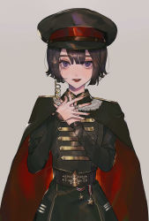 Rule 34 | 1girl, absurdres, black hair, brown nails, cape, earrings, english text, grey background, hands up, hat, highres, jewelry, long sleeves, looking at viewer, medal, open mouth, original, piru (exp 66), purple eyes, ring, short hair, simple background, smile, solo, star (symbol), uniform