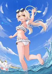 Rule 34 | 1girl, absurdres, armpits, ass, bare back, barefoot, bikini, blue archive, blue sky, brown eyes, cloud, cloudy sky, commentary request, detached sleeves, eyewear on head, fisheye, frilled bikini, frills, from behind, from below, hair between eyes, hair ornament, halo, hifumi (blue archive), hifumi (swimsuit) (blue archive), highres, in water, jinfengkaze, lifebuoy, light brown hair, long hair, looking at viewer, low twintails, midriff, mountainous horizon, ocean, sidelocks, sky, soles, standing, standing on one leg, sunglasses, swim ring, swimsuit, thighs, toes, twintails, twisted torso, wading, waving, white bikini