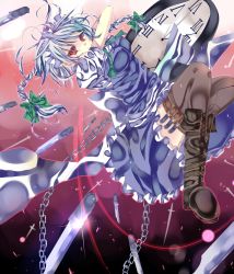 Rule 34 | 1girl, bad id, bad pixiv id, boots, bow, braid, chain, cross-laced footwear, embodiment of scarlet devil, female focus, gradient background, heath41, highres, izayoi sakuya, knife, lace-up boots, maid, maid headdress, red eyes, short hair, silver hair, solo, throwing knife, touhou, twin braids, watch, weapon