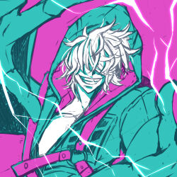 Rule 34 | 1boy, 7th dragon (series), 7th dragon 2020, belt, coat, commentary, electricity, grin, hair over eyes, hood, hood up, hooded coat, limited palette, male focus, medium hair, nanashi minamishi, open clothes, open coat, outstretched arms, pink background, psychic (7th dragon), simple background, smile, solo, upper body