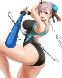 Rule 34 | 1girl, absurdres, armpits, ass, back, bare shoulders, black one-piece swimsuit, black ribbon, blue eyes, blue one-piece swimsuit, blush, breasts, bun cover, competition swimsuit, fate/grand order, fate (series), foreshortening, from side, hair between eyes, hair bun, hair ribbon, highleg, highleg swimsuit, highres, hotate-chan, large breasts, long hair, looking at viewer, miyamoto musashi (fate), miyamoto musashi (swimsuit berserker) (first ascension) (fate), one-piece swimsuit, open mouth, pink hair, ribbon, simple background, single side bun, smile, solo, splashing, standing, standing on one leg, swepot, swept bangs, swimsuit, teeth, thighs, toy sword, two-tone swimsuit, upper teeth only, water, white background