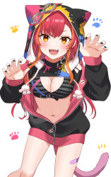 Rule 34 | 1girl, :d, absurdres, animal ears, belt, black jacket, black nails, black shirt, breasts, cat tail, claw pose, cleavage, cleavage cutout, clothing cutout, crop top, emu (emum), fake animal ears, fang, goggles, goggles on headwear, highres, hood, jacket, long hair, long sleeves, looking at viewer, medium breasts, midriff, multicolored hair, nail polish, navel, nekota tsuna, off shoulder, open clothes, open jacket, open mouth, orange eyes, red hair, shirt, shoulder cutout, smile, solo, stomach, streaked hair, tail, thighs, virtual youtuber, vspo!