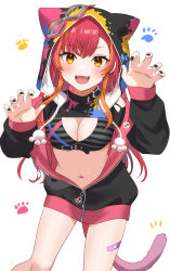 1girl :d absurdres animal_ears belt black_jacket black_nails black_shirt breasts cat_tail claw_pose cleavage cleavage_cutout clothing_cutout crop_top emu_(emum) fake_animal_ears fang goggles goggles_on_headwear highres hood jacket long_hair long_sleeves looking_at_viewer medium_breasts midriff multicolored_hair nail_polish navel nekota_tsuna nekota_tsuna_(1st_costume) off_shoulder open_clothes open_jacket open_mouth orange_eyes red_hair shirt shoulder_cutout smile solo stomach streaked_hair tail thighs virtual_youtuber vspo!