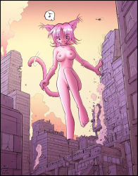 Rule 34 | 1girl, animal ears, blush, breasts, cat ears, cat girl, female focus, furry, furry female, giant, giantess, highres, karbo, nipples, nude, outdoors, pink hair, pussy, short hair, sky, solo