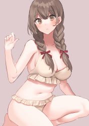Rule 34 | 1girl, akagi kurage, bikini, blush, braid, breasts, brown background, brown eyes, brown hair, cleavage, closed mouth, commentary request, hair ribbon, highres, kantai collection, large breasts, long hair, looking at viewer, ribbon, shinshuu maru (kancolle), simple background, solo, swimsuit, twin braids, yellow bikini