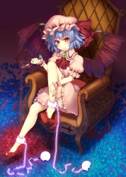 Rule 34 | 1girl, alcohol, bad id, bad pixiv id, bat wings, bloomers, blue hair, chain, chair, cuffs, cup, dress, drinking glass, feet, feet on chair, full body, hat, high heels, highres, holding, nail polish, no socks, raiou, red eyes, remilia scarlet, shackles, shoe dangle, shoes, short hair, sitting, smile, solo, toeless footwear, toenail polish, toenails, toes, touhou, underwear, wine, wine glass, wings, wrist cuffs