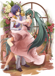 Rule 34 | cendrillon, cendrillon (vocaloid), dress, elbow gloves, flower, gloves, hairband, hatsune miku, high heels, holding, kaito (vocaloid), plant, rose, round window, shiramori yuse, shoes, twintails, vocaloid, window