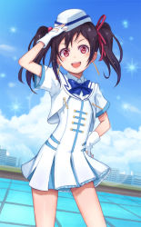Rule 34 | 10s, 1girl, :d, black hair, blush, bow, cityscape, cloud, day, dress, earrings, fingerless gloves, gloves, hair bow, hand on headwear, hand on own hip, hat, highres, jewelry, lens flare, looking at viewer, love live!, love live! school idol festival, love live! school idol project, open mouth, purea, red eyes, short hair, sky, smile, solo, twintails, wonderful rush, yazawa nico