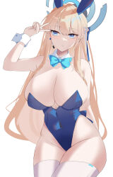 Rule 34 | 1girl, absurdres, alternate breast size, animal ears, bare shoulders, blonde hair, blue archive, blue eyes, blue leotard, blush, breasts, cleavage, detached collar, earpiece, fake animal ears, hair ribbon, halo, highleg, highleg leotard, highres, large breasts, leotard, long hair, looking to the side, musicatopos, official alternate costume, playboy bunny, rabbit ears, ribbon, solo, thighhighs, thighs, toki (blue archive), toki (bunny) (blue archive), v, very long hair, white thighhighs, wrist cuffs