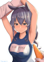 Rule 34 | 1boy, 1girl, admiral (kancolle), animal ears, arms up, blue eyes, blue hair, breasts, carrot, closed mouth, gloves, gotland (kancolle), hair between eyes, highres, holding, holding carrot, horse ears, kantai collection, large breasts, long hair, misumi (niku-kyu), mole, mole under eye, name tag, sidelocks, simple background, solo focus, translated, twitter username, umamusume, upper body, white background, white gloves