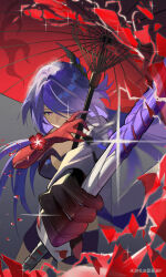Rule 34 | 1girl, absurdres, acheron (honkai: star rail), black choker, black gloves, black shorts, breasts, choker, cleavage, coat, coattails, detached sleeves, flower, gloves, hair over one eye, highres, holding, holding sword, holding weapon, honkai: star rail, honkai (series), jiao cat, long hair, multicolored hair, oil-paper umbrella, outstretched arm, purple eyes, purple hair, red flower, red umbrella, scabbard, sheath, sheathed, short shorts, shorts, single bare shoulder, solo, sparkle, streaked hair, sword, umbrella, weapon, white coat