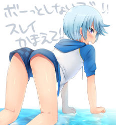 Rule 34 | 10s, 1boy, all fours, animal ears, ass, ass focus, bishounen, blue hair, blush, boxers, from behind, hood, hoodie, looking back, male focus, male underwear, marimo danshaku, mikleo (ocean lover) (tales), mikleo (tales), official alternate costume, open mouth, purple eyes, short hair, simple background, solo, tales of (series), tales of zestiria, underwear, white background