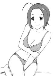 Rule 34 | 1girl, ahoge, between legs, bra, breast hold, breasts, cleavage, greyscale, hand between legs, holding another&#039;s arm, holding own arm, idolmaster, idolmaster (classic), large breasts, miura azusa, monochrome, navel, panties, short hair, sitting, sketch, smile, solo, stomach, ueyama michirou, underwear, underwear only