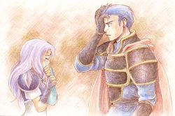 Rule 34 | 1boy, 1girl, arm up, armor, blue eyes, blue gloves, blue hair, blush, breastplate, cape, circlet, closed eyes, couple, covering own mouth, crying, fingerless gloves, fire emblem, fire emblem: the blazing blade, florina (fire emblem), gauntlets, gloves, hand on head, hector (fire emblem), light purple hair, long hair, nintendo, parted lips, pegasus knight uniform (fire emblem), purple hair, scratching head, short hair, shoulder pads, tears, upper body